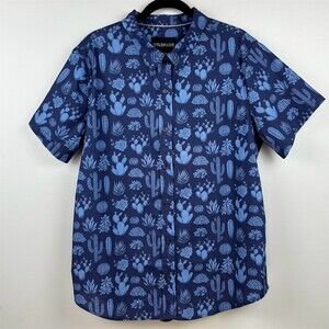Wildfang The Essential Button-Up Shirt Blue Cactus Print Short Sleeve